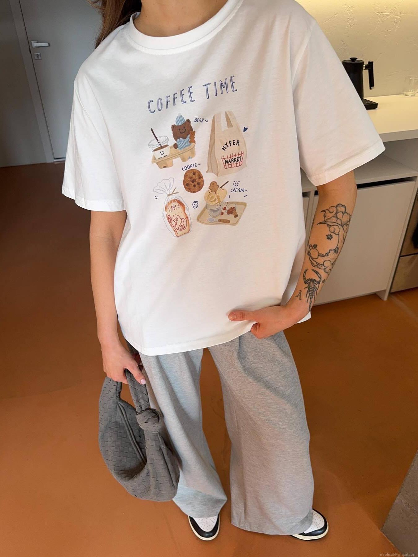 Women's Casual Cotton Blend T-Shirt Loose Fit Round Neck Short Sleeve Top Coffee Bear Print Graphic Tee Summer Streetwear