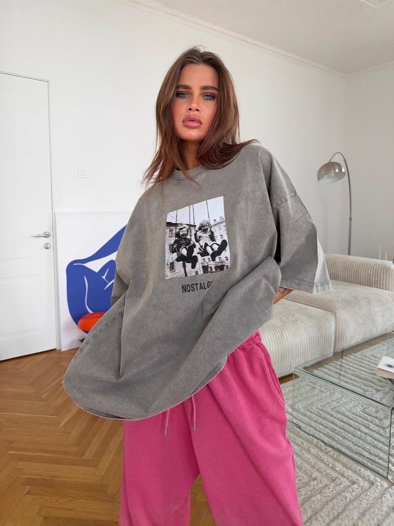 Women's Retro Portrait Print Distressed Cotton T-Shirt Oversized Washed Short Sleeve Top Vintage Streetwear Casual Loose Tee for Summer Daily Wear