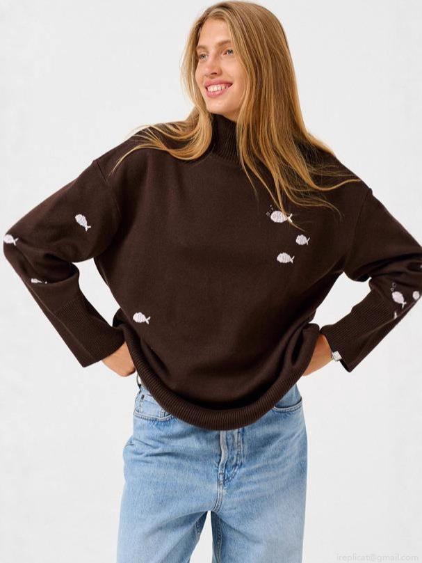 Women's Knit Sweater Acrylic Wool Blend Small Fish Embroidery Half High Neck Loose Pullover Casual Streetwear Long Sleeve Warm Top