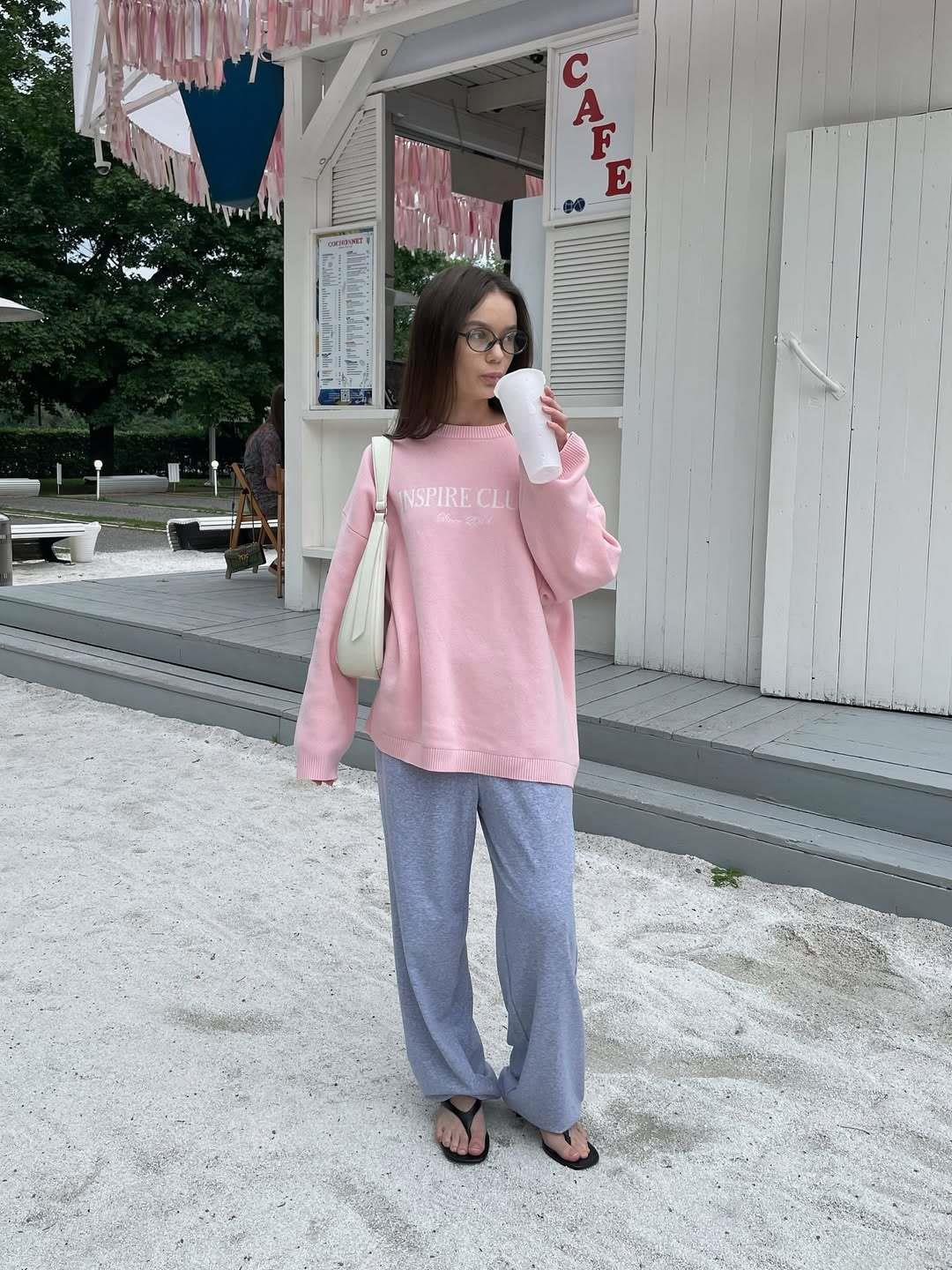 Women's Sweet Cool Pink Long Sleeve Loose Sweater Letter Print Crew Neck Knit Pullover Top Casual Streetwear Fall Winter