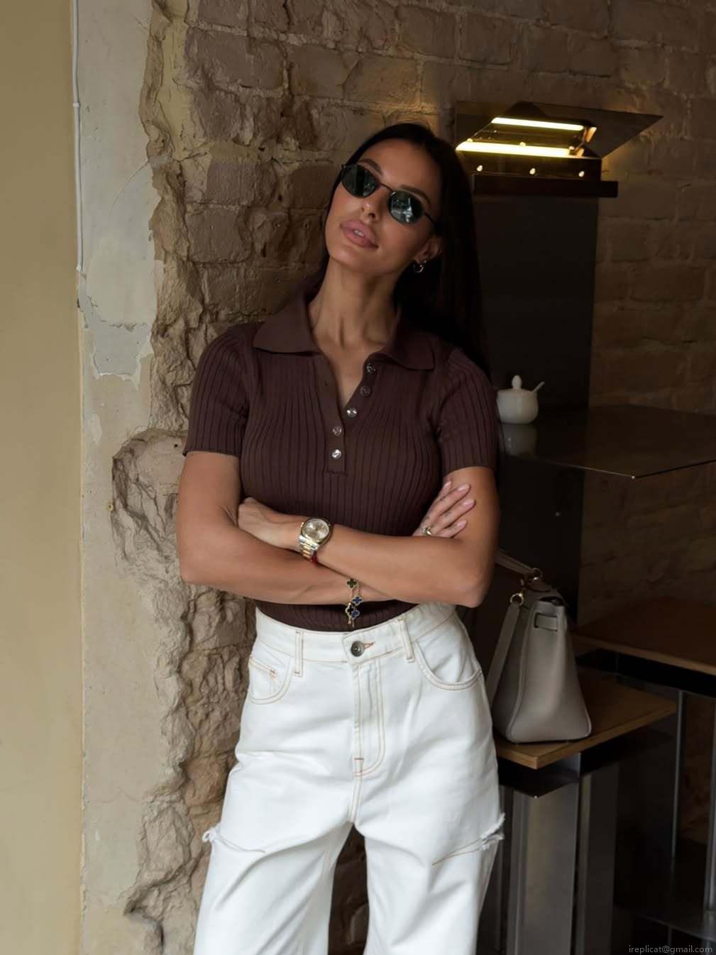 Women's Brown Short Sleeve Polo Sweater Knit Ribbed Button-Down Slim Fit Top For Daily Casual Streetwear Summer Autumn Lightweight Cotton Blend Knitwear