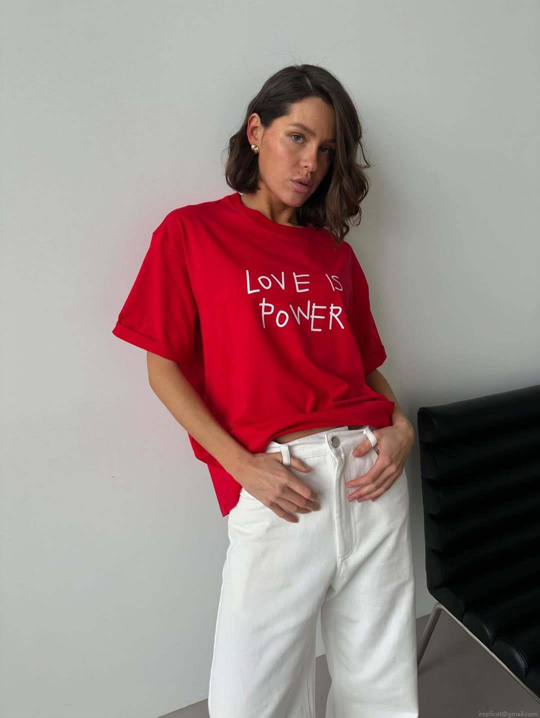 Women's Oversized Red T-Shirt Love Is Power Slogan Print Crew Neck Short Sleeve Loose Cotton Blend Drop Shoulder Streetwear Summer Tee Top