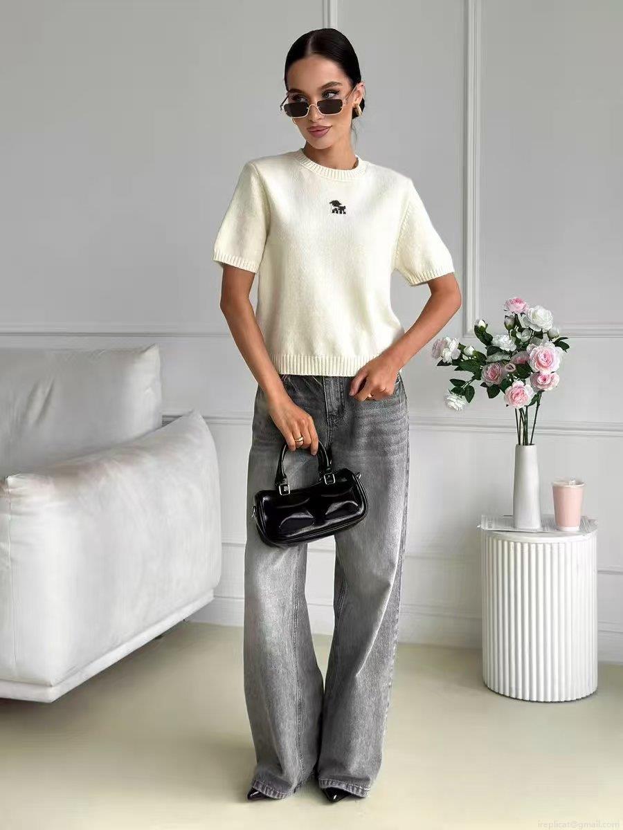 Women's Casual Knit Short Sleeve Top Round Neck Slim Fit Dog Embroidery Cotton Blend T-Shirt Summer Spring Fashion Streetwear Knitwear