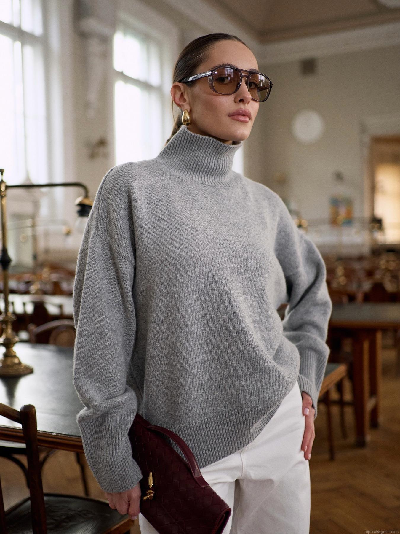 Women's High Neck Knit Sweater 80% Cotton Blend Loose Fit Long Sleeve Pullover Autumn Winter Warm Casual Solid Color Top For Ladies