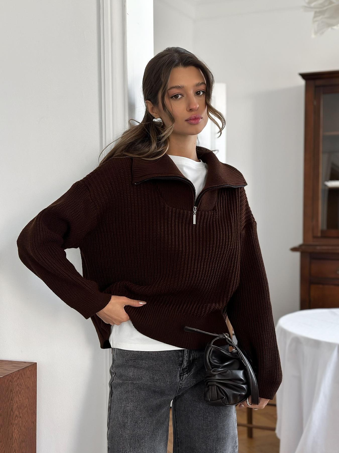 Women's Maillard Style Half-Zip Knitted Sweater European Casual Cotton Blend Waffle Texture Lapel Collar Long Sleeve Pullover Autumn Warm Loose Fit Jumper Top