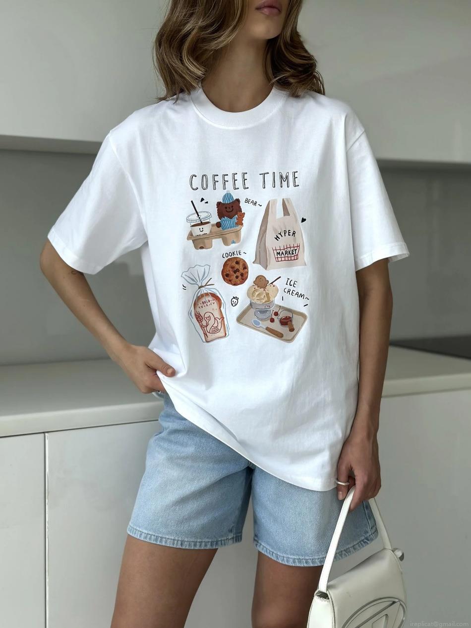 Women's Cute Cartoon Bear Coffee Graphic Print Cotton Blend T-Shirt Round Neck Short Sleeve Loose Fit Casual Summer Streetwear Tee Top White