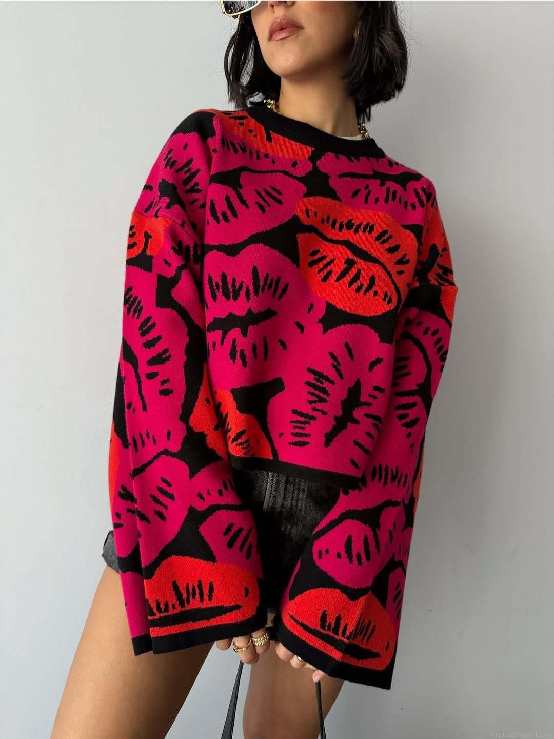 Women's Oversized Lip Print Knitted Sweater Long Sleeve Crewneck Cotton Blend Pullover Casual Harajuku Streetwear Autumn Winter Jumper