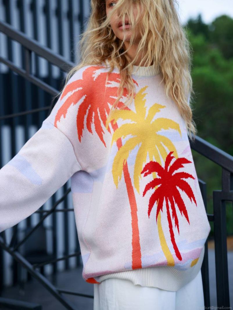 Women's Oversized Knit Sweater Cotton Blend Coconut Tree Jacquard Pullover Contrast Color Long Sleeve Crewneck Jumper Lazy Style Autumn Winter Fashion Tops