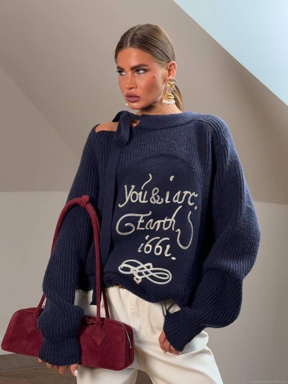 Women's Loose Knitted Sweater Cotton Blend Letter Embroidery Off Shoulder Bow Tie Pullover Casual Long Sleeve Knitwear Top