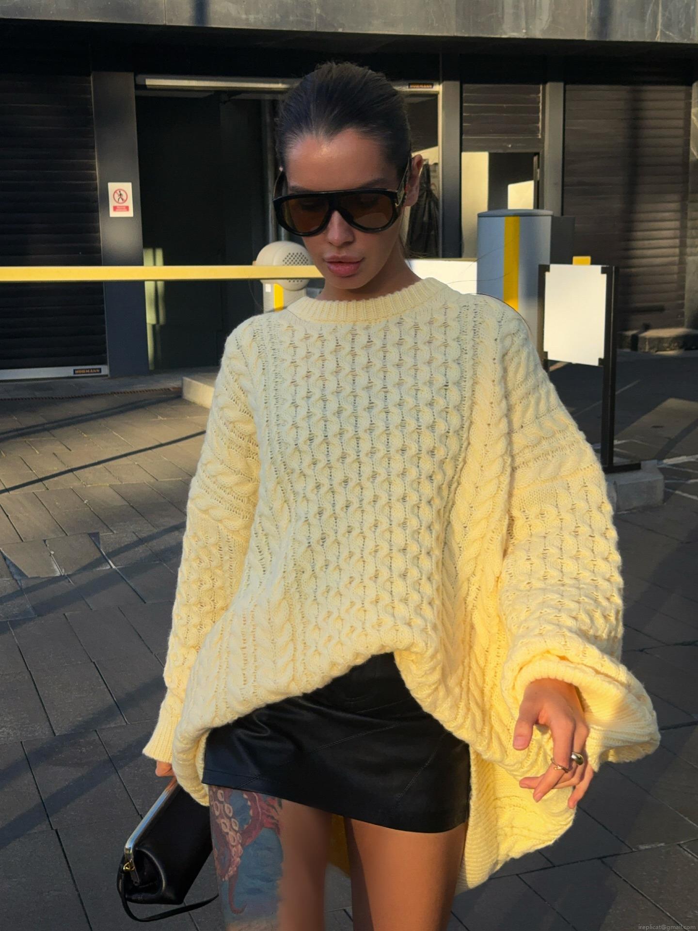 Women's Retro Cable Knit Sweater Loose Oversized Round Neck Long Sleeve Pullover Cotton Blend Autumn Winter Casual Knitwear Top