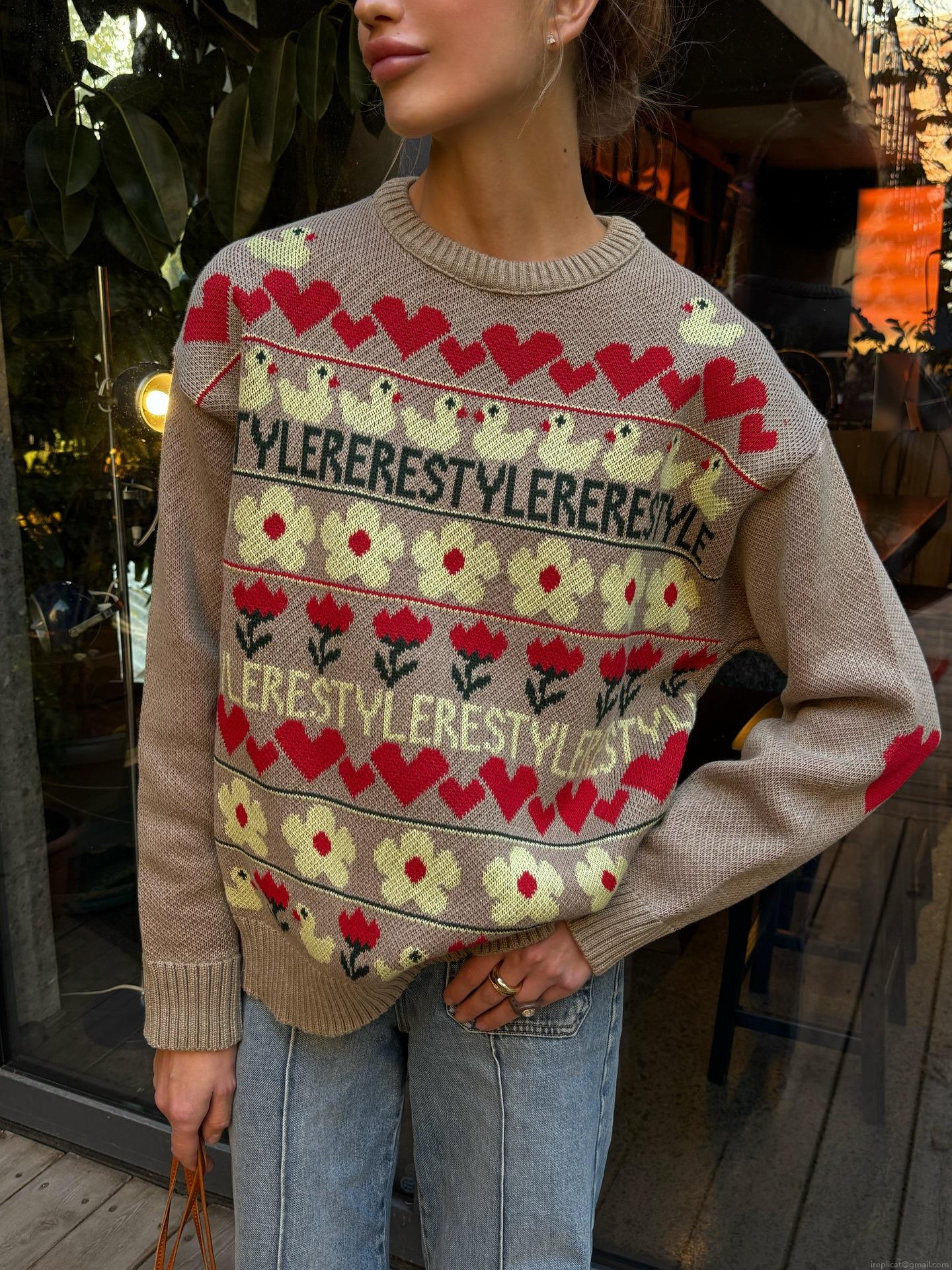 Women's Casual Cotton Blend Round Neck Pullover Sweater Vintage Jacquard Heart Floral Pattern Loose Knitwear Top For Autumn Winter Lady