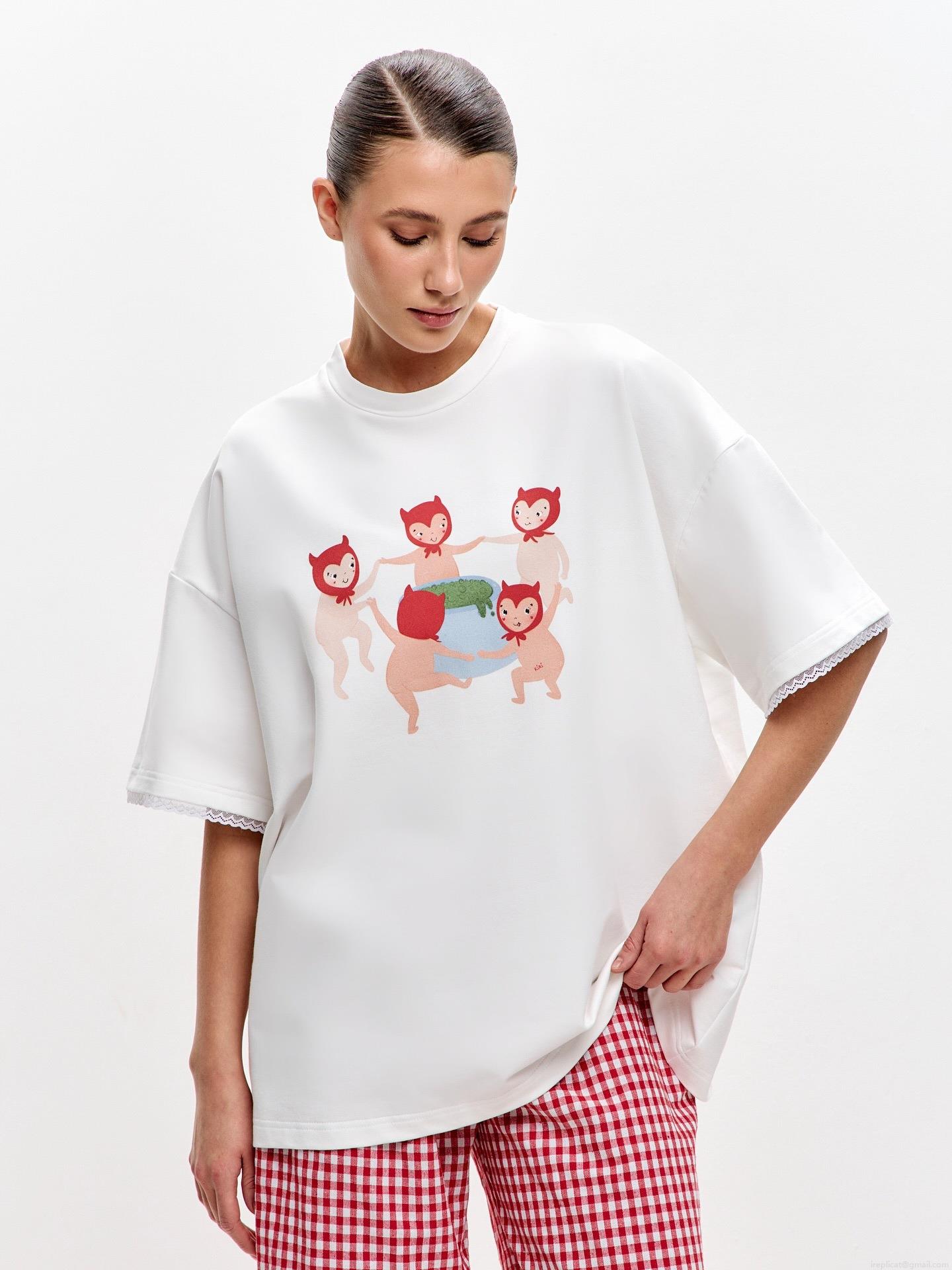 Women's Loose Casual Cotton Blend Short Sleeve T-Shirt Featuring Cartoon Character Print Round Neck Breathable Summer Streetwear Top With Lace Patchwork Sleeves For Women