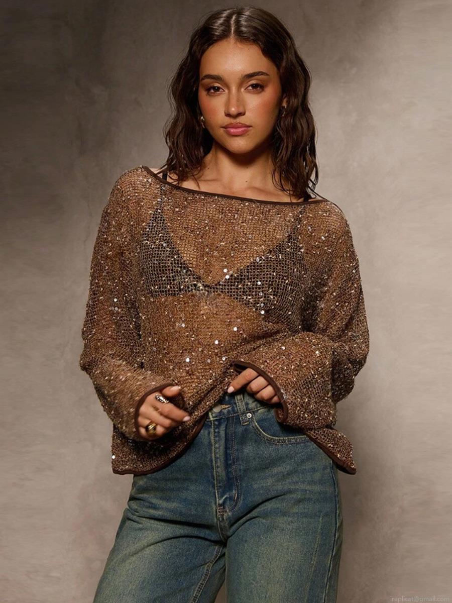 Women Sexy Sequin Hollow Out Mesh Top One Shoulder Long Sleeve Knitwear Pullover For Club Party Streetwear Autumn Winter Bronze Brown Sequin Shirt