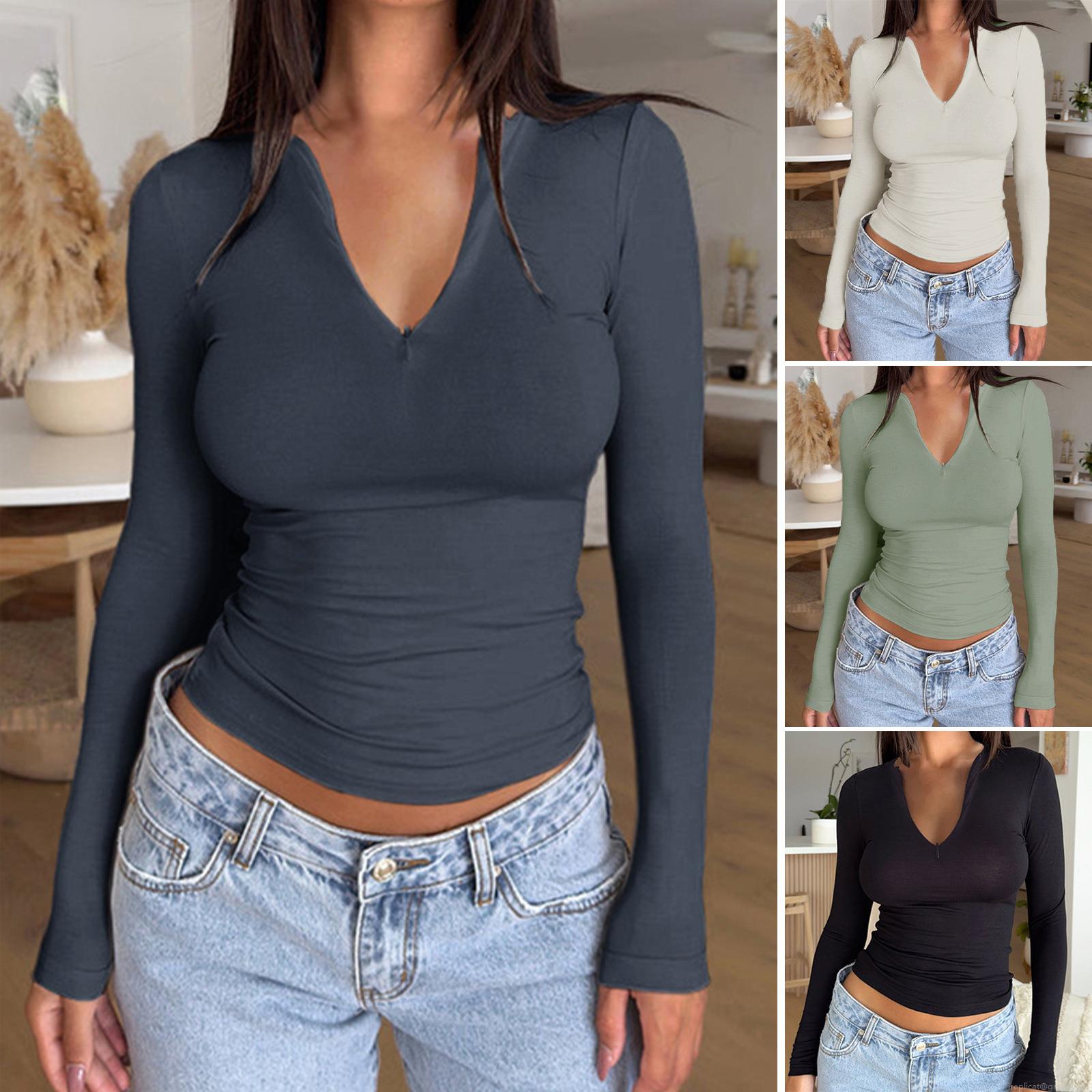 Women's Long Sleeve T-Shirt Viscose Elastane Blend Zipper V Neck Slim Fit Ribbed Texture Casual Daily Wear Y2K Aesthetic Basic Top