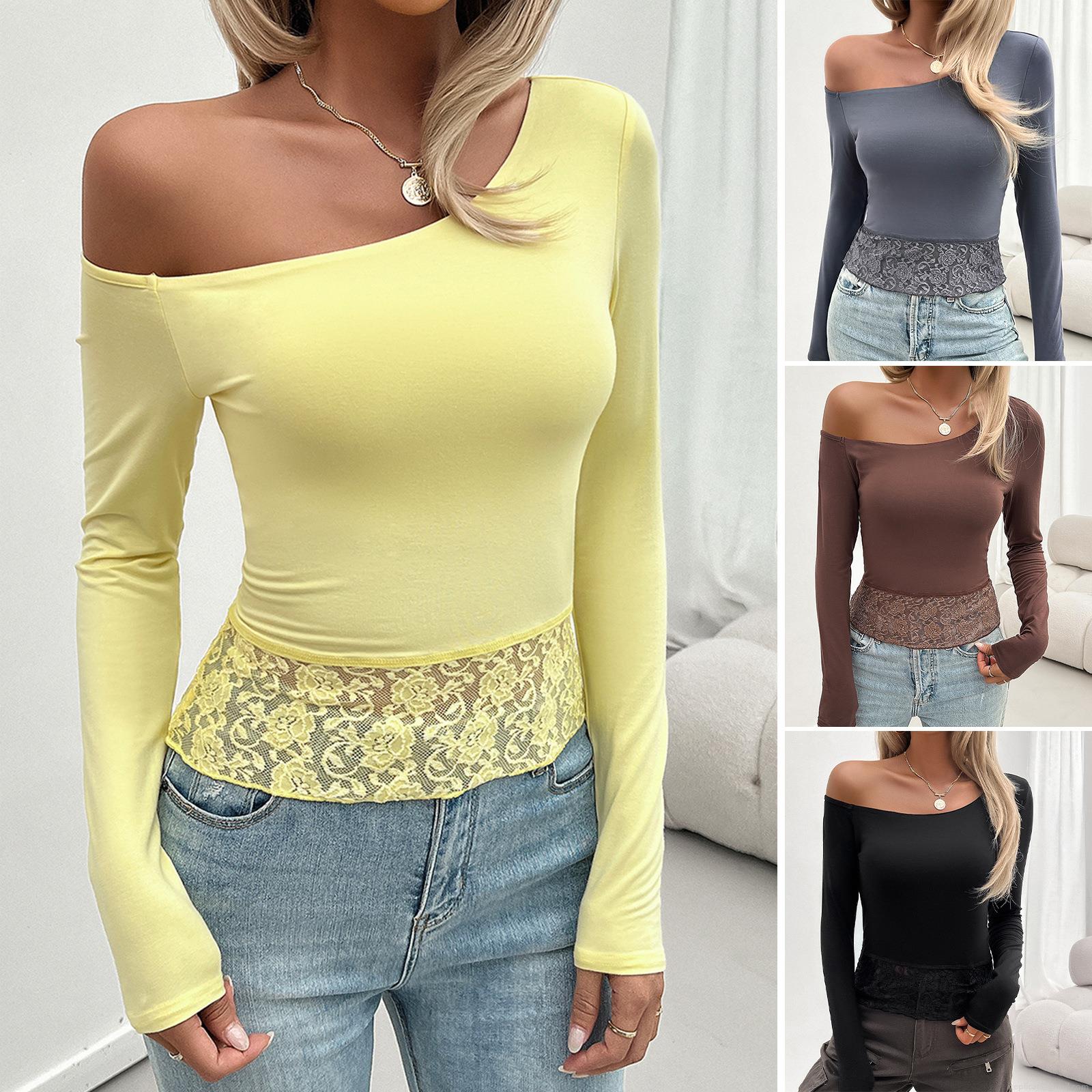 Women's Asymmetric One Shoulder Long Sleeve T-Shirt Sexy Slim Fit Knit Top With Lace Patchwork Hem Y2K Solid Color Autumn Winter Leisure Shirt