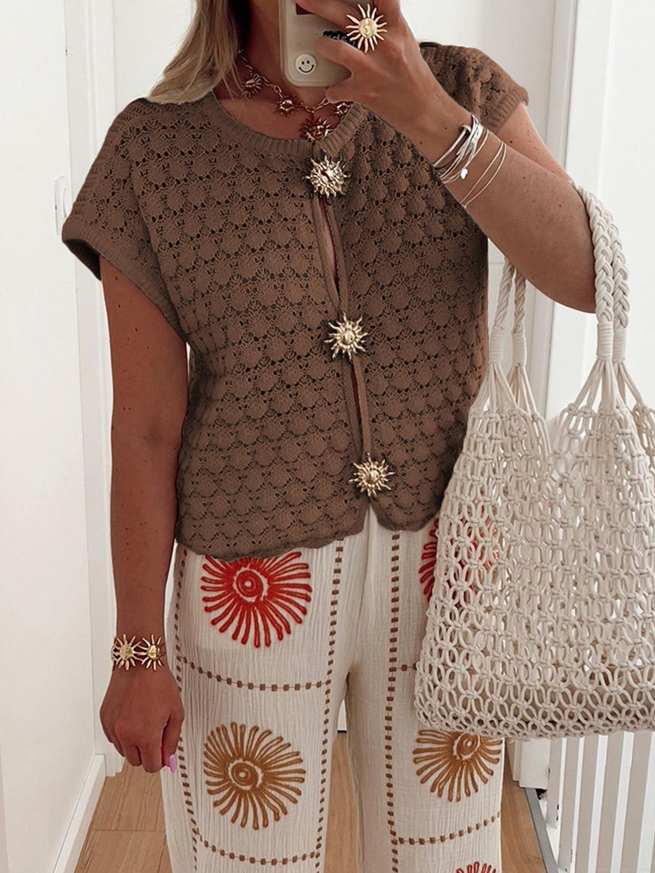 Women's Crochet Hollow Out T-Shirt Viscose Polyamide Blend Short Sleeve Cardigan With Gold Sun Buttons Boho Vacation Knit Top For Women