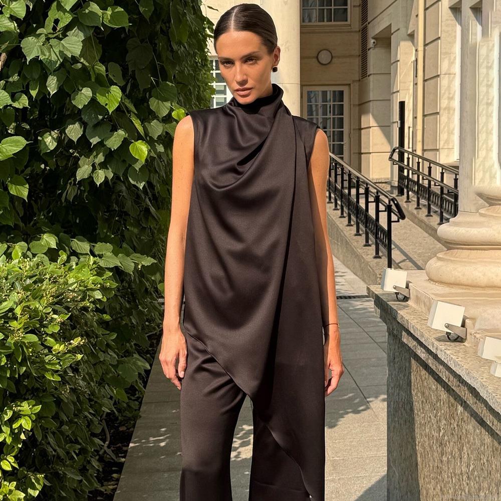 Women's Sleeveless T-Shirt Irregular Hem Mock Neck Satin Polyester Top Elegant Solid Color Streetwear Party Vest For Women