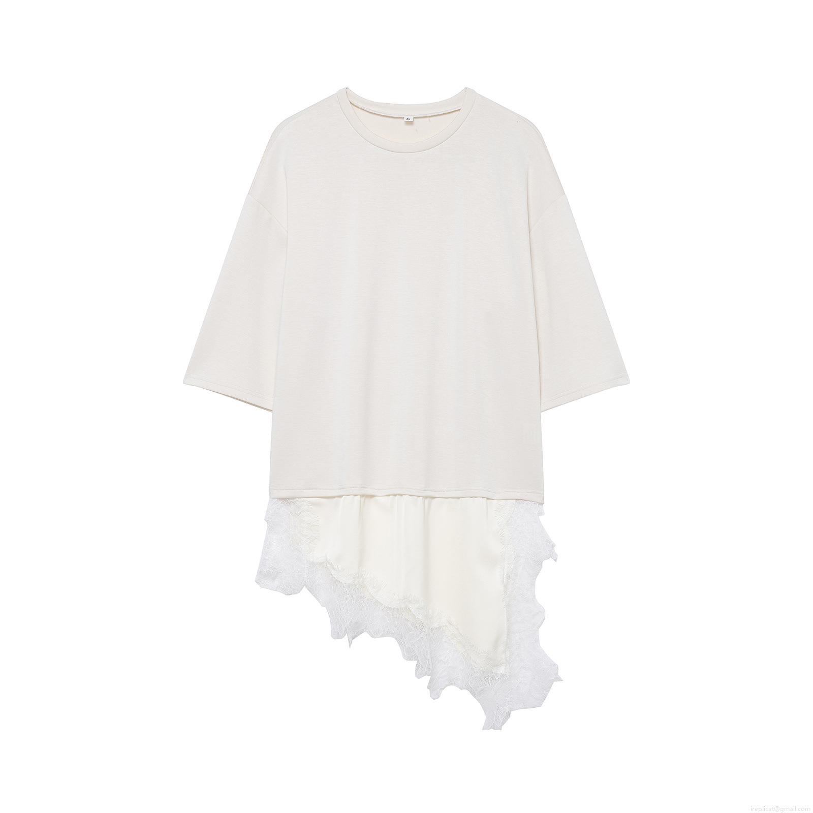 Women's Loose Short Sleeve Round Neck T-Shirt Lace Patchwork Irregular Hem Faux Two-Piece Casual Pullover Top Tee For Ladies Stylish Comfortable Daily Wear