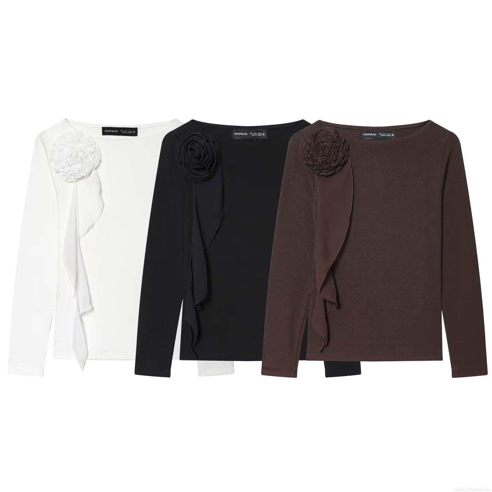 Women's 3D Flower Long Sleeve T-Shirt Spliced Round Neck Ribbed Knit Slim Fit Top Solid Color Western Street Style Autumn Blouse for Daily Party