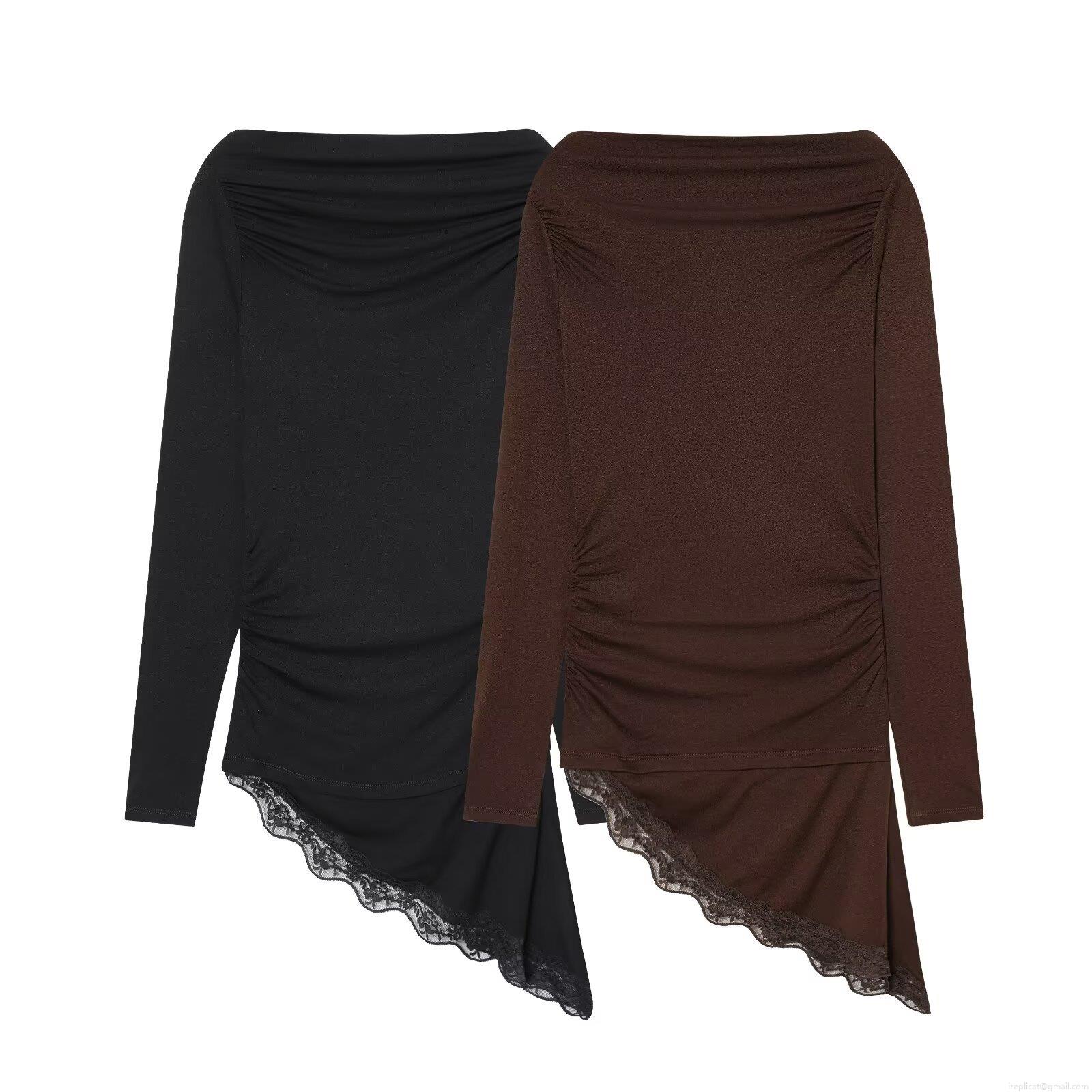 Women Off-Shoulder Long Sleeve T-Shirt With Asymmetric Lace Hem Ruched Side Solid Color Slim Fit Streetwear Top For Autumn Casual Daily Wear