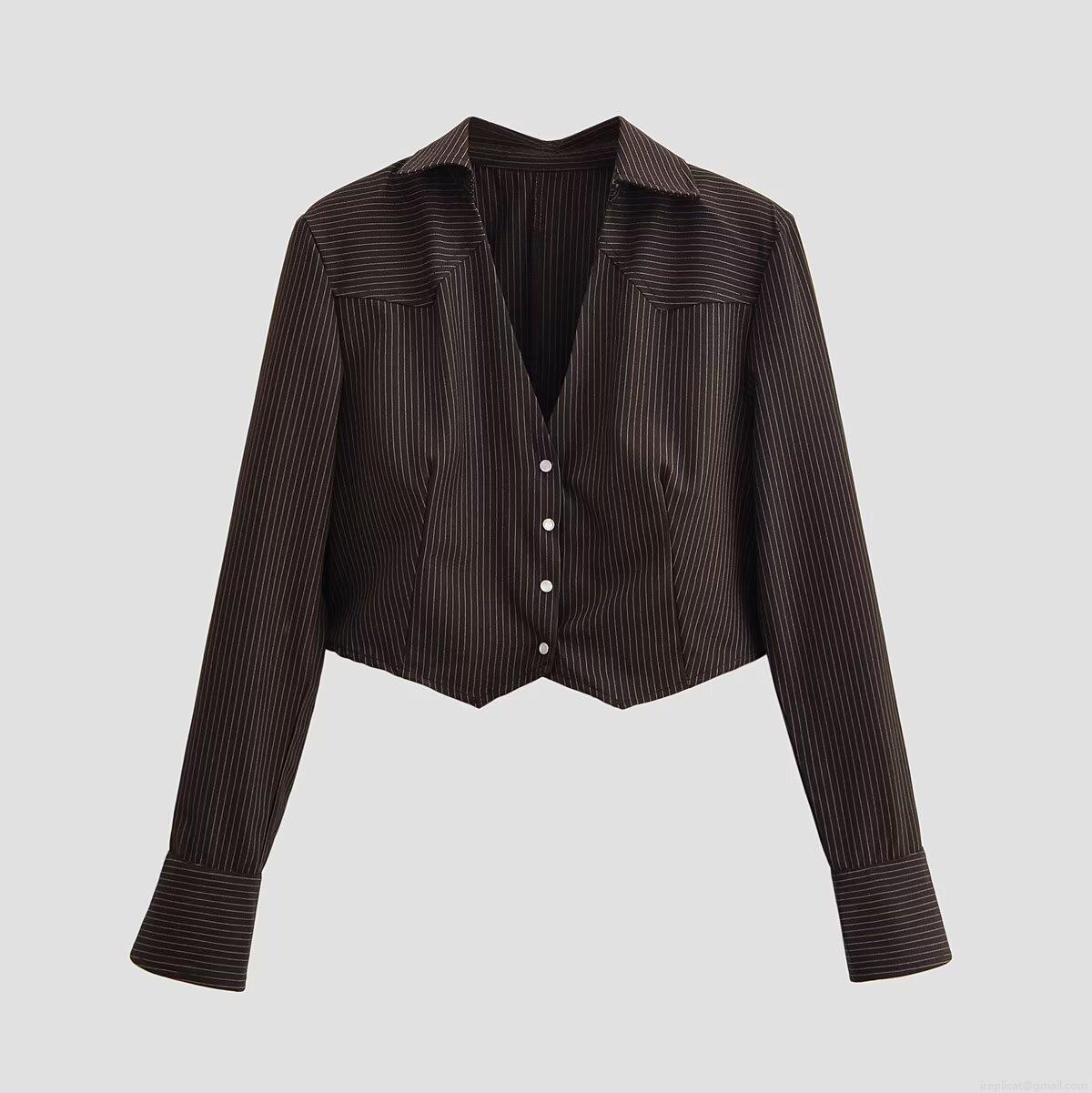 Women's Retro Striped Long Sleeve Crop Blouse Fashion Lapel Single Breasted Coffee Shirt Autumn Streetwear Top