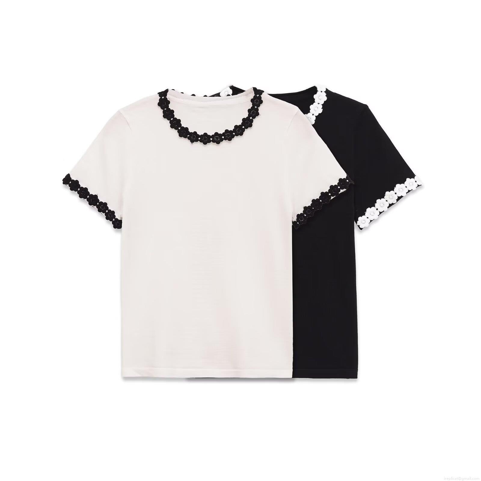 Women's Short Sleeve Polyester Knit T-Shirt With Contrast Flower Lace Trim Round Neck Casual Streetwear Top Tee For Women