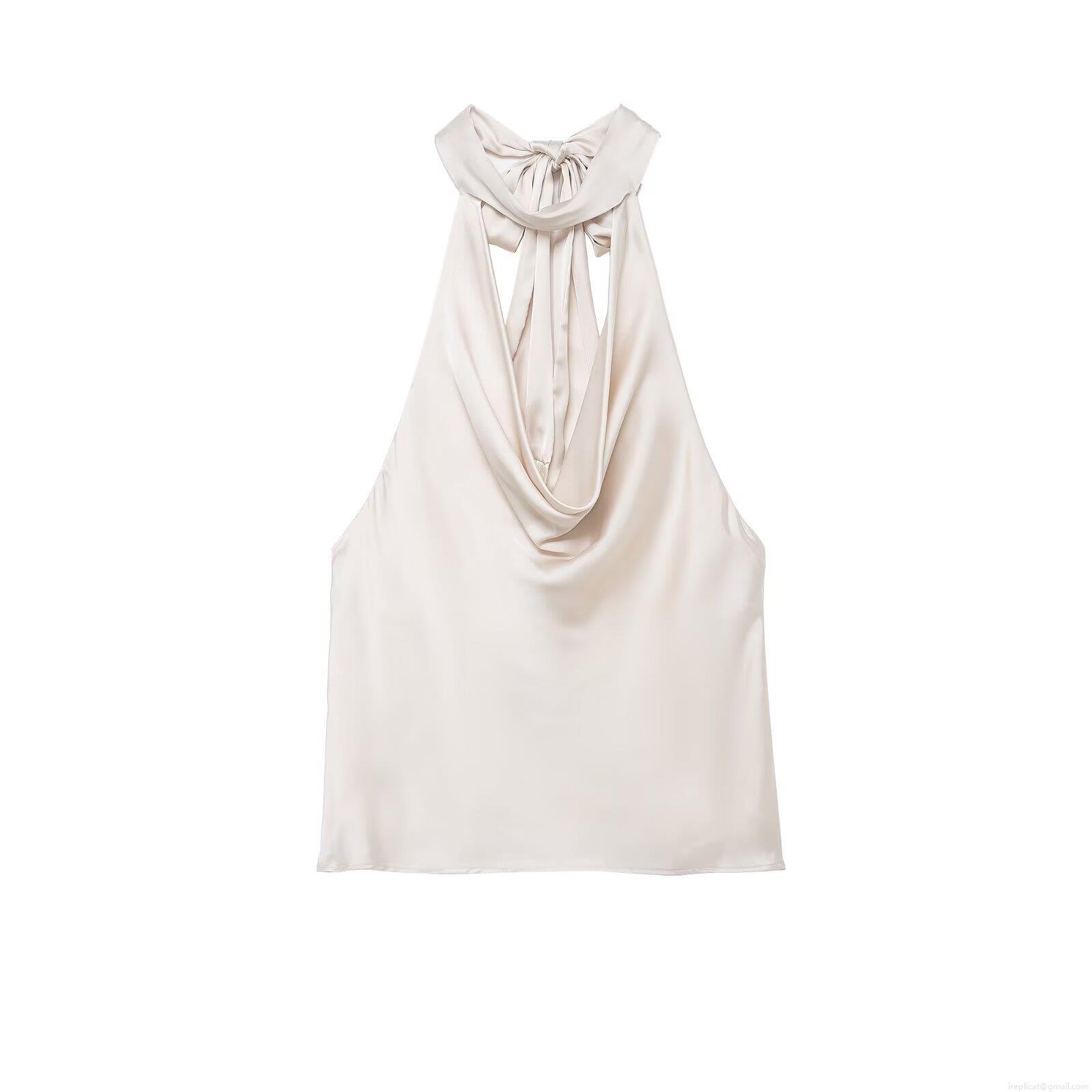 Elegant Women Silky Satin Cowl Neck Halter Top Sleeveless Backless With Bow Tie Tassel For Party Club Streetwear Solid Color Sexy Style