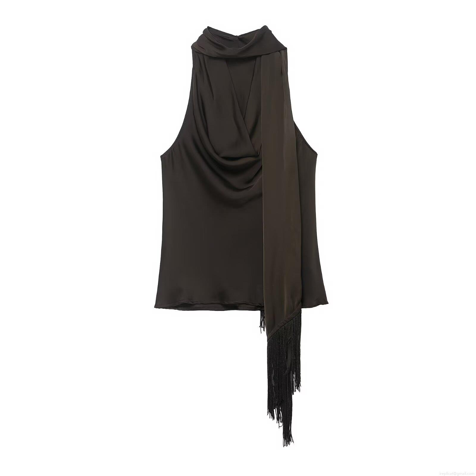 Women's Satin Polyester Sleeveless T-shirt Cowl Neck Halter Tank Top with Long Fringe Tassel Scarf Detail Solid Color Loose Casual Party Clubwear Top