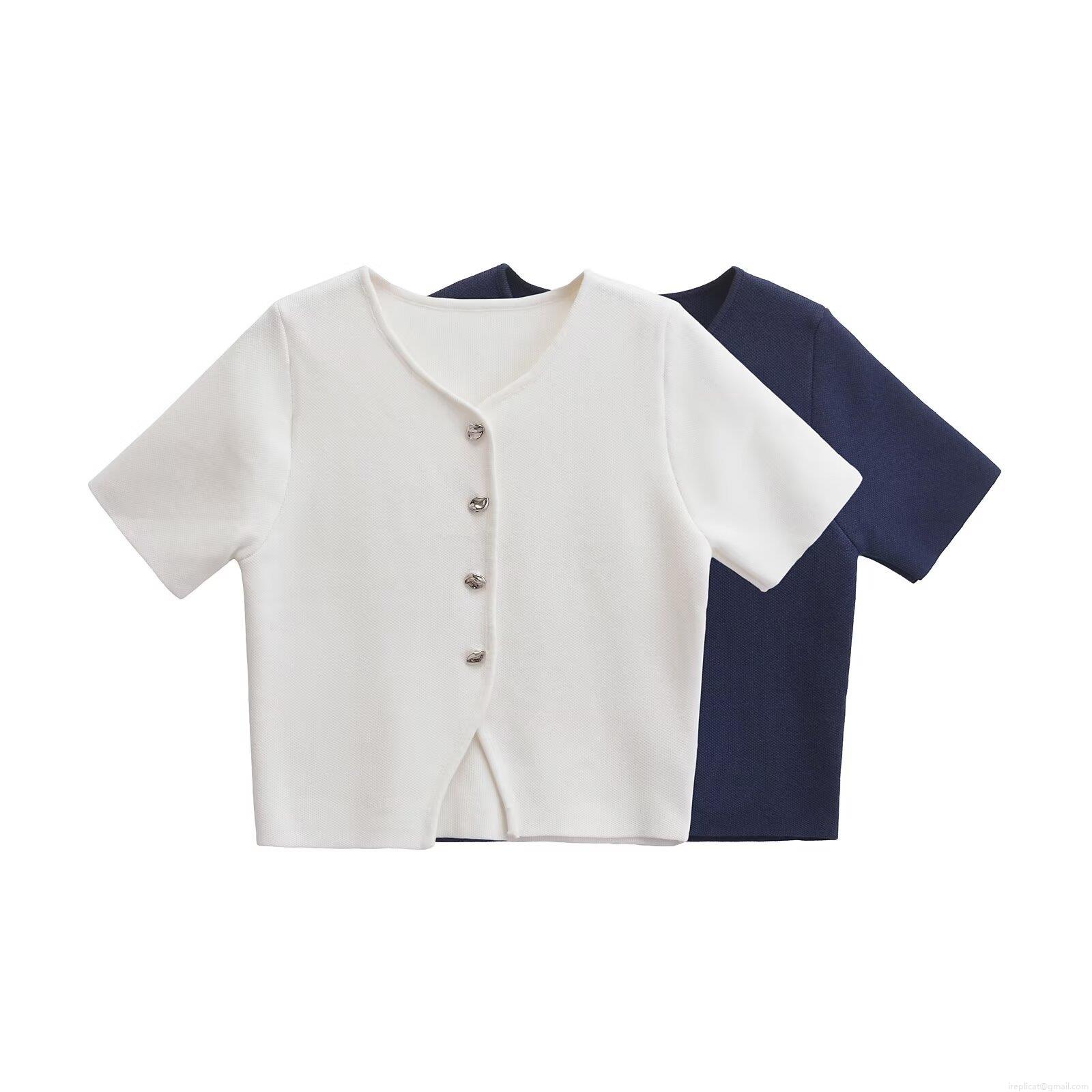 Women's Knitted Short Sleeve Cardigan Top Simple V-Neck Solid Color Crop Top With Silver Irregular Buttons Fashion Streetwear Casual Knitwear