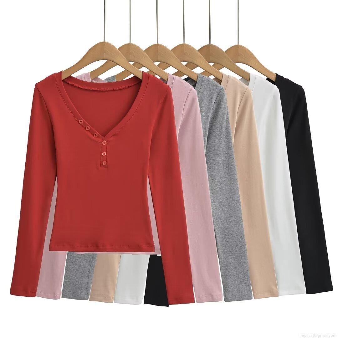 Women's Ribbed Knit Henley T-shirt V-neck Button Long Sleeve Slim Fit Base Layer Top Casual Fashion Solid Color Autumn Winter Tee