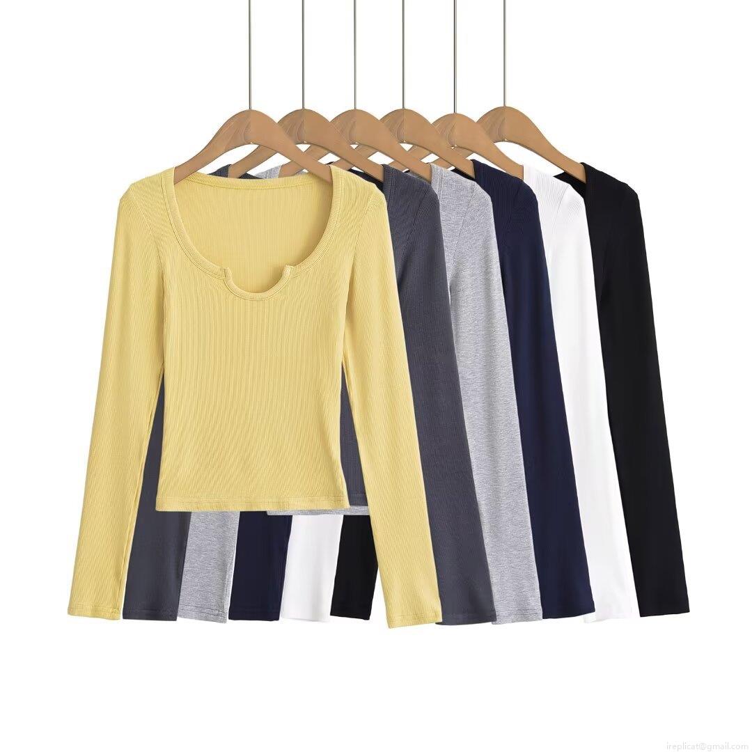Women's Chic Ribbed Polyester Knit Long Sleeve T-Shirt Slim Fit Notched U Neck Casual Streetwear Fashion Basic Top Multiple Colors