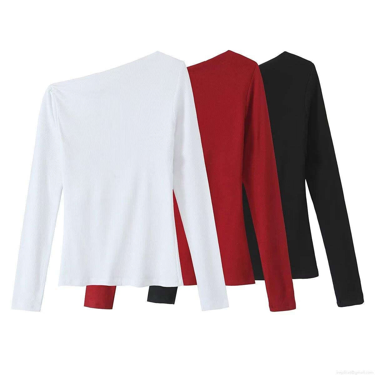 Women's Slanted Shoulder Ribbed Knit Long Sleeve T-Shirt Asymmetrical Slim Fit Pullover Top Solid Color Casual Streetwear Autumn Winter Sexy One Shoulder Blouse