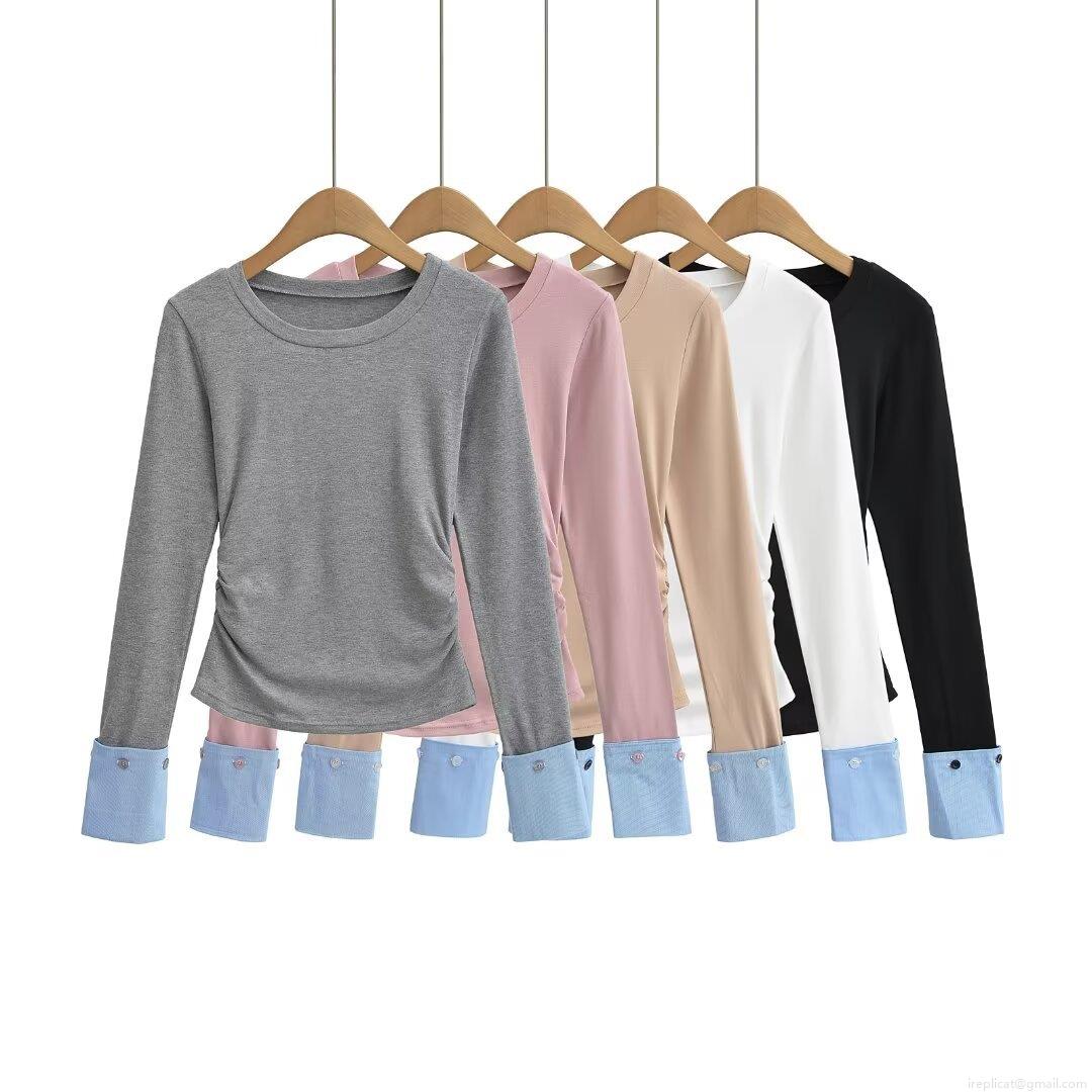 Women's Patchwork Long Sleeve T-Shirt Round Neck Contrast Striped Button Cuffs Ruched Side Polyester Blend Slim Fit Casual Streetwear Top