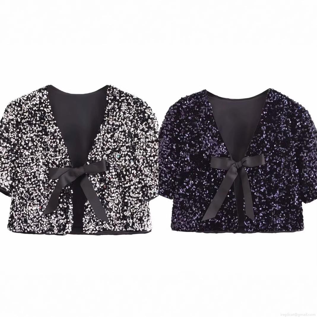 Women Fashion Sequin Short Sleeve T-Shirt Bolero Shrug With Black Satin Bow Tie V-Neck Sparkly Party Clubwear Western Style Streetwear Top