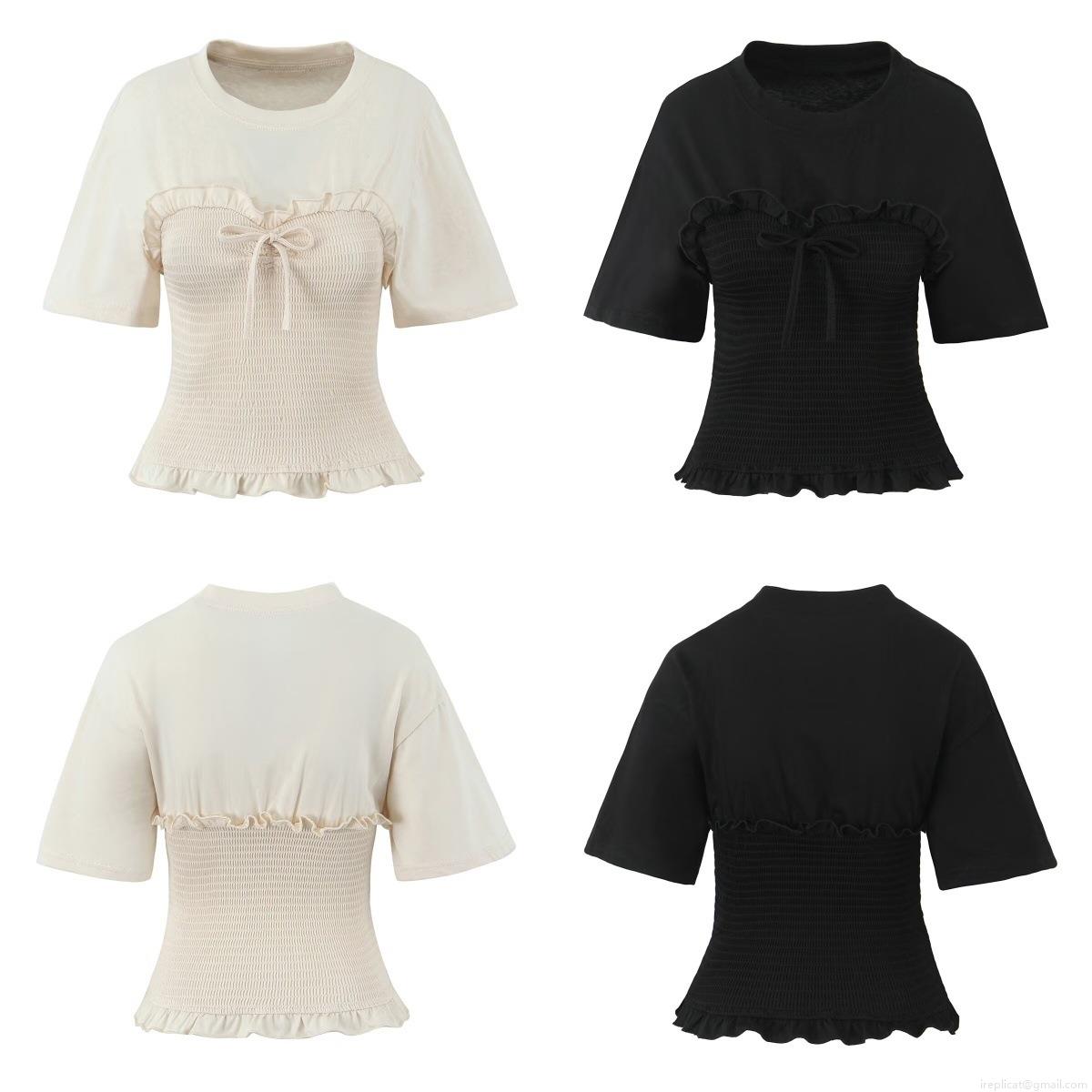 Women's 100% Cotton T-Shirt With Smocking Waist Bowknot Decoration Ruffle Lettuce Trim Short Sleeve Slim Fit Round Neck Summer Top French Retro Street Style For Daily Dating