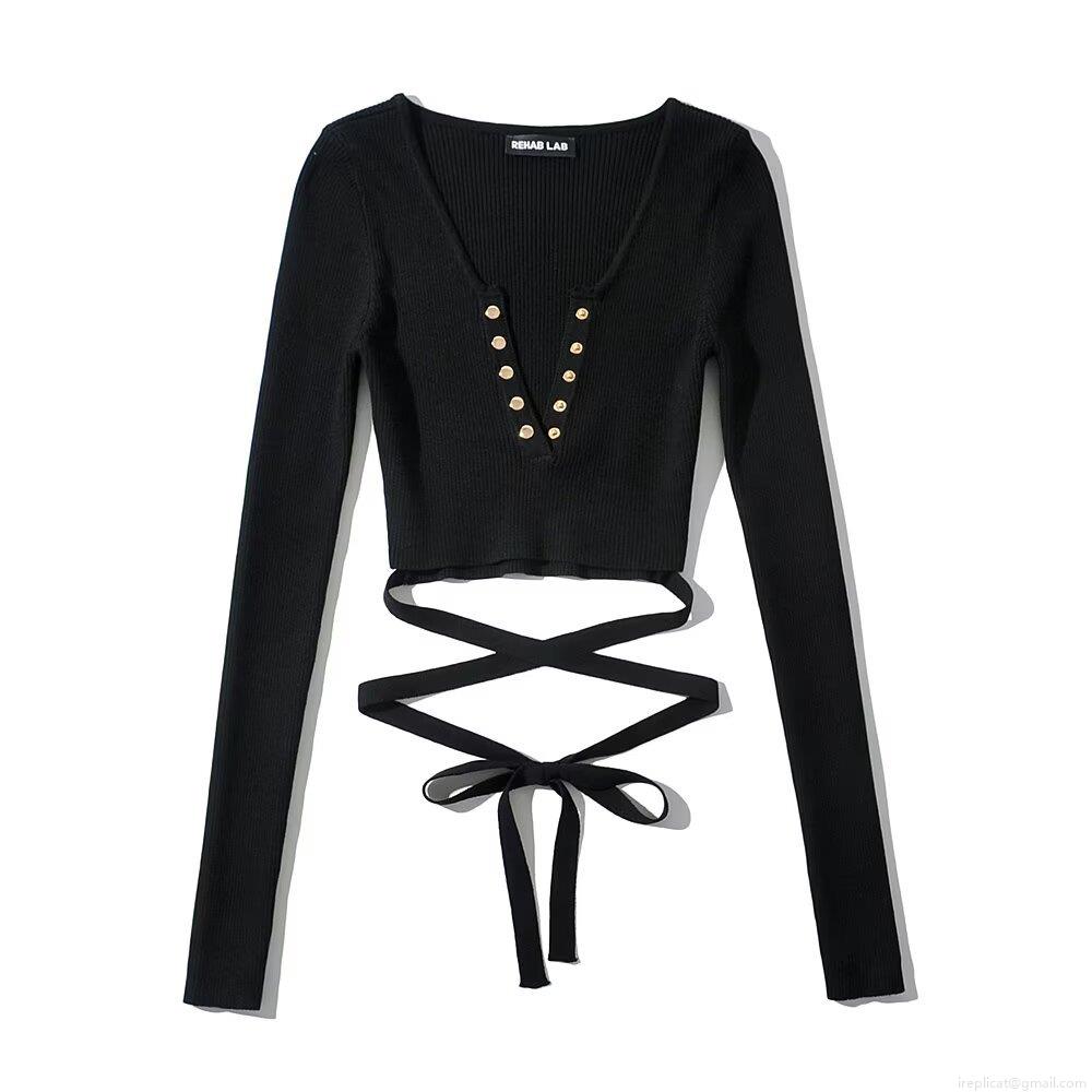 Sexy V-Neck Tie-Up Crop Top Women Ribbed Knit Long Sleeve Backless Shirt Slim Fit Streetwear Fashion Metal Button Decoration Cross Bandage Tee