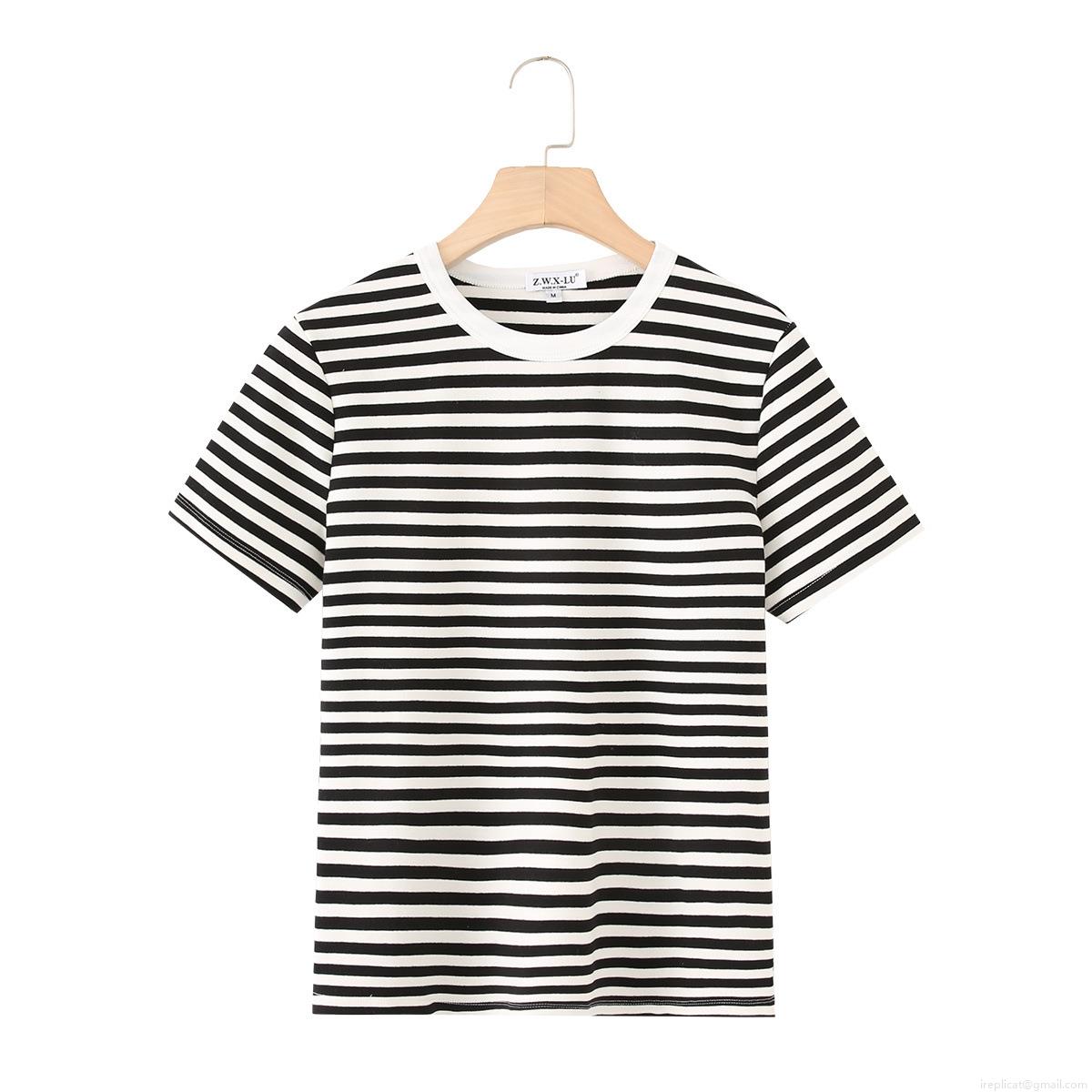 Women's Slim Fit Cotton Blend Short Sleeve T-Shirt Casual Round Neck Summer Pullover Basic Solid Color Striped Tee Top for Women