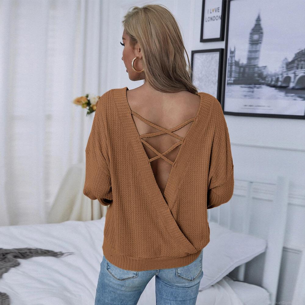 Women's Waffle Knit T-Shirt Sexy Backless V-Neck Criss-Cross Straps Long Sleeve Loose Fit Pullover Top For Autumn Winter Casual Party Fashion Brown