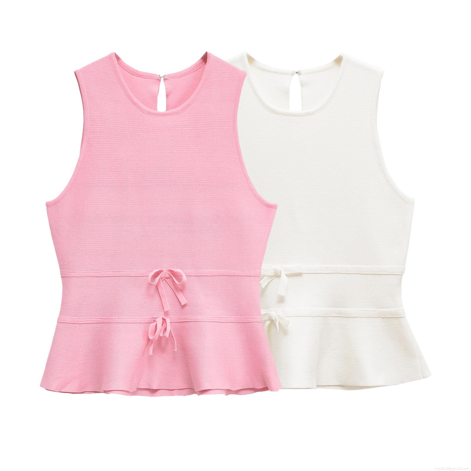 Women's Sleeveless Peplum Knit Top Polyester Bowknot Ruffle Hem Round Neck Casual Summer Solid Color Loose Fit T-Shirt