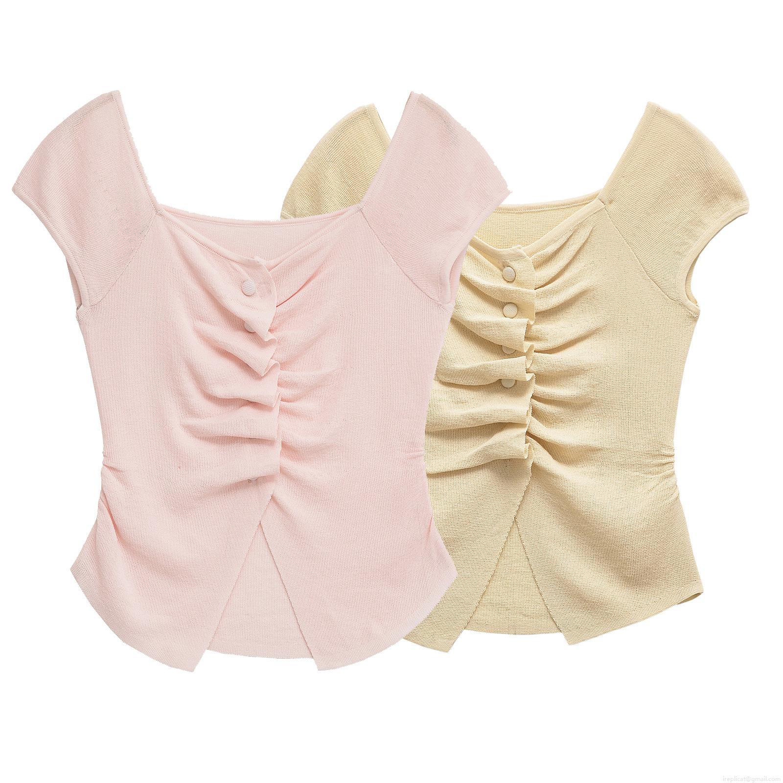 Women's Knit T-Shirt Slim Fit Short Sleeve V-Neck Pleated Button Decor Polyester Knitted Top Chic Streetwear Casual Summer Blouse For Women