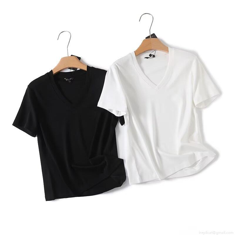 Women's V-Neck Short Sleeve T-Shirt 95% Cotton Simple Basic Solid Color Top Casual European Style Tee for Ladies