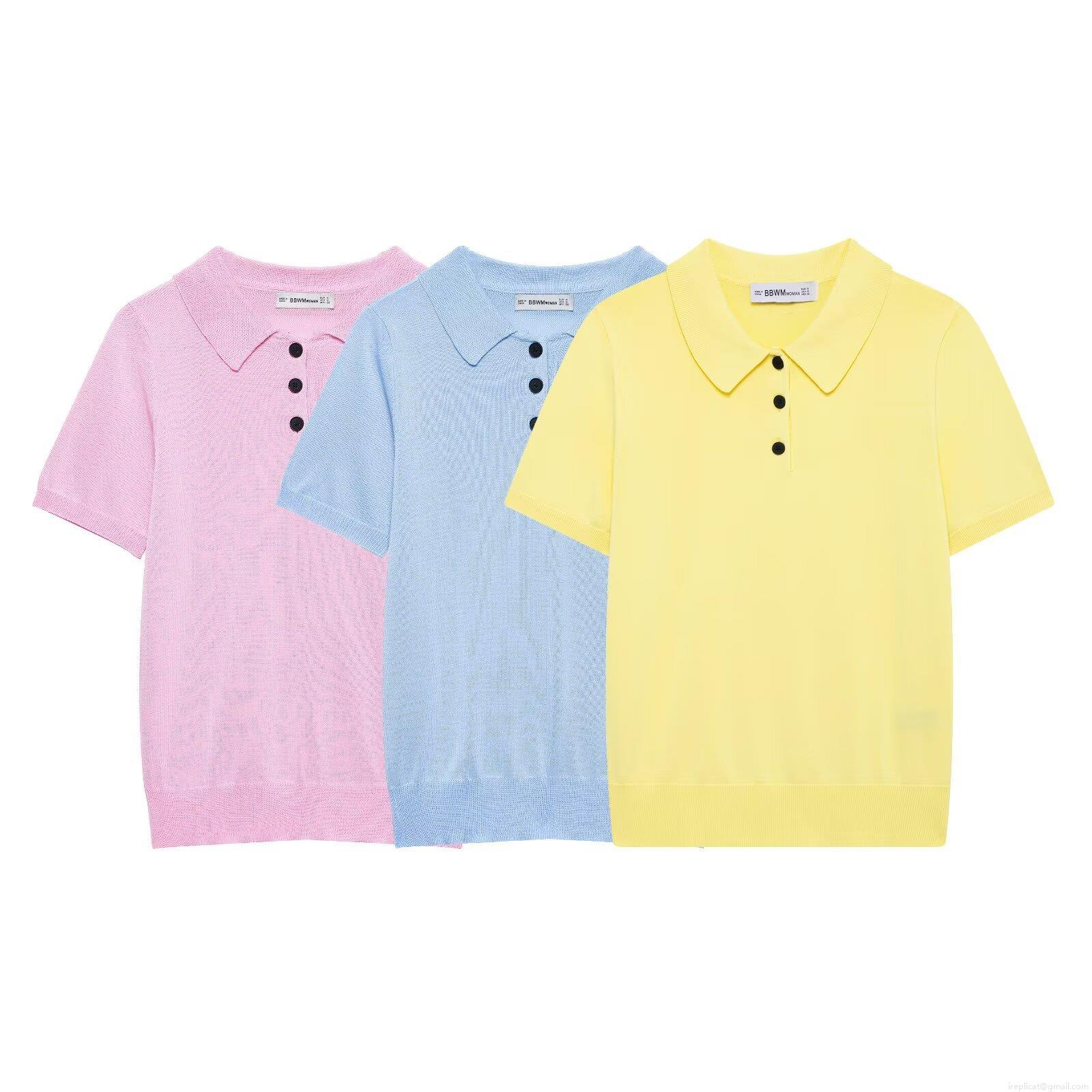 Women's Knitted Polo T-Shirt 100% Polyester Short Sleeve Lapel Button Up Summer Top Solid Color Casual Chic Western Streetwear Fashion Regular Fit Ladies Clothing