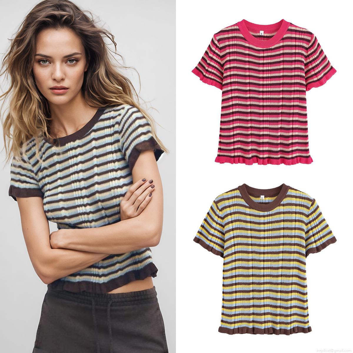 Women's Summer Contrast Striped Knit T-Shirt Round Neck Short Sleeve Lettuce Trim Hem Slim Fit Casual Ribbed Streetwear Top For Women Fashion Clothing