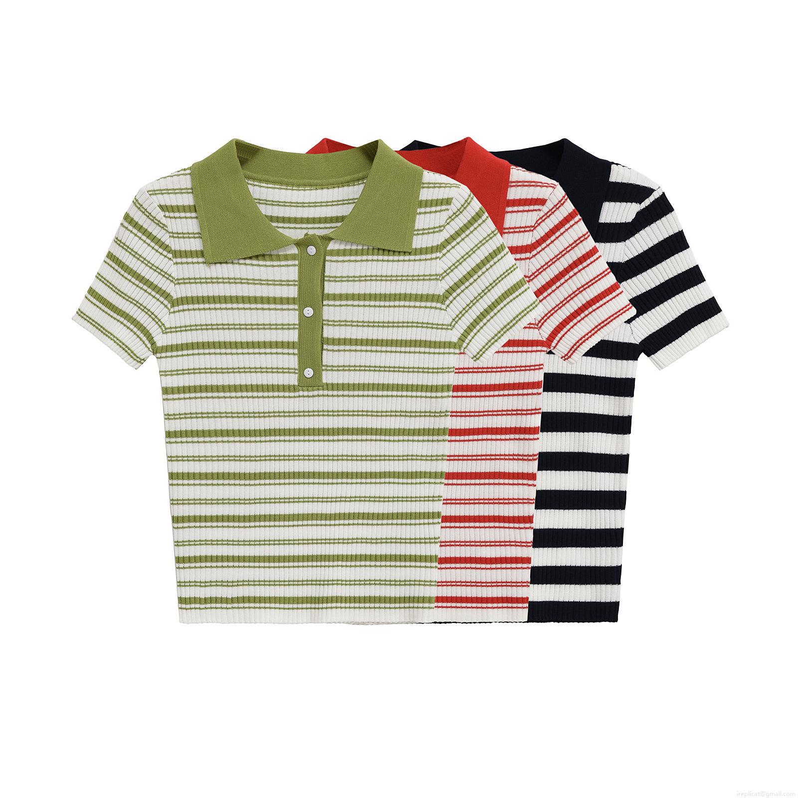 Women Striped Polo Shirt Mercerized Cotton Short Sleeve Turn-down Collar Contrast Striped Rib Knit Tee Top Summer Casual Streetwear Ladies Fashion