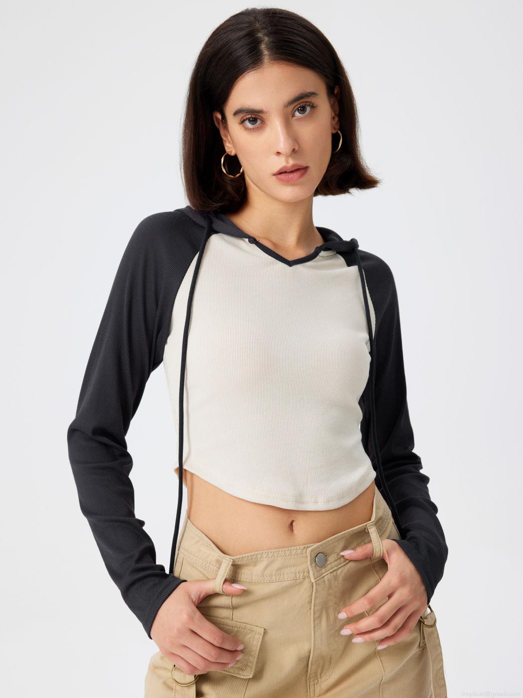 Women's Colorblock Hooded Long Sleeve T-Shirt Ribbed Knit Slim Fit Patchwork Cropped Tee Streetwear Style Patchwork Hooded Top For Women