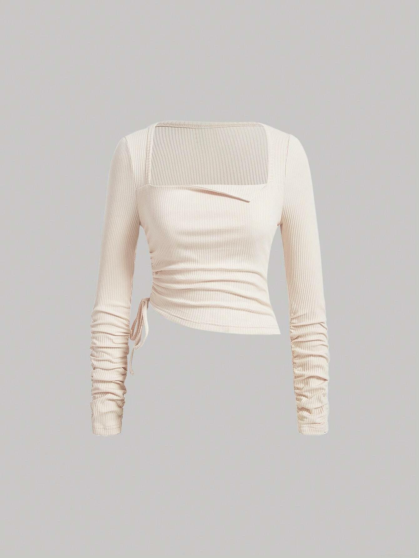 Women Square Neck Long Sleeve T-Shirt Ribbed Knit Side Drawstring Ruched Slim Fit Viscose Spandex Casual Base Layer Cropped Top