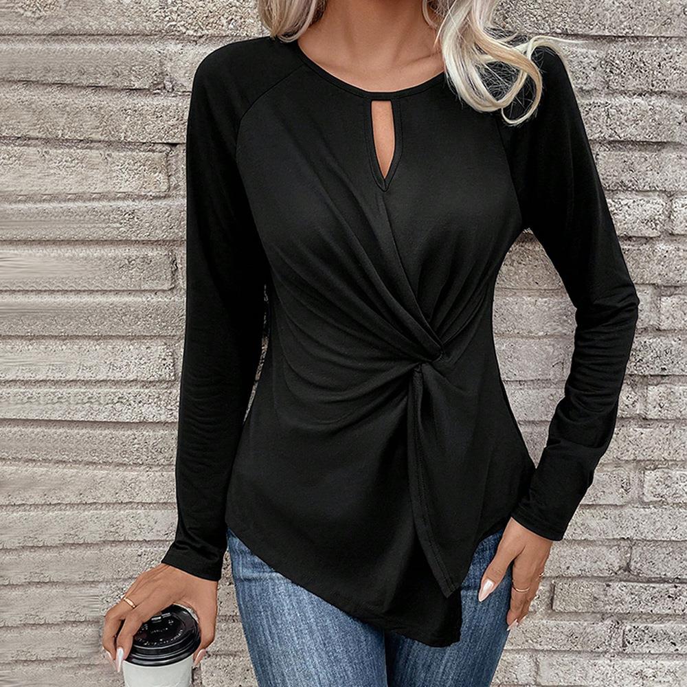 Women's Slim Fit T-Shirt Viscose Elastane Knotted Front Hollow Keyhole Neck Long Sleeve Pullover Elegant Casual Base Layer Top For Women