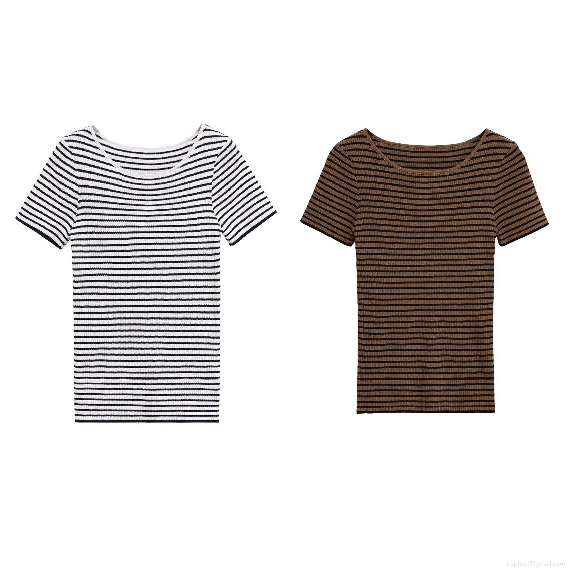 Women's Striped Knit T-Shirt Slim Fit Mercerized Cotton Short Sleeve Round Neck Casual Summer Streetwear Tee Top For Women