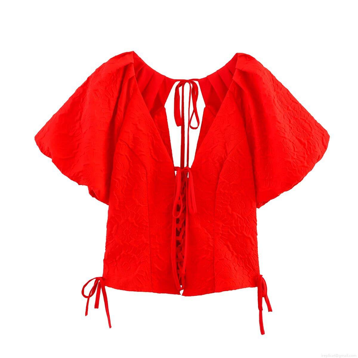 Women's Sexy V-Neck T-Shirt Jacquard Polyester Puff Sleeve Backless Lace-Up Short Top Summer Streetwear Slim Fit Red Blouse Fashion Lady