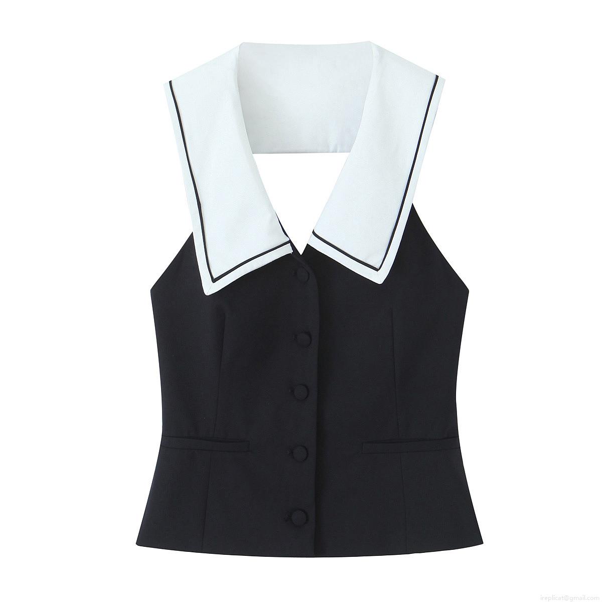 Women's Sexy Backless Sleeveless T-Shirt Navy Collar Contrast Trim Single Breasted Polyester Streetwear Vest Top For Summer Casual Fashion